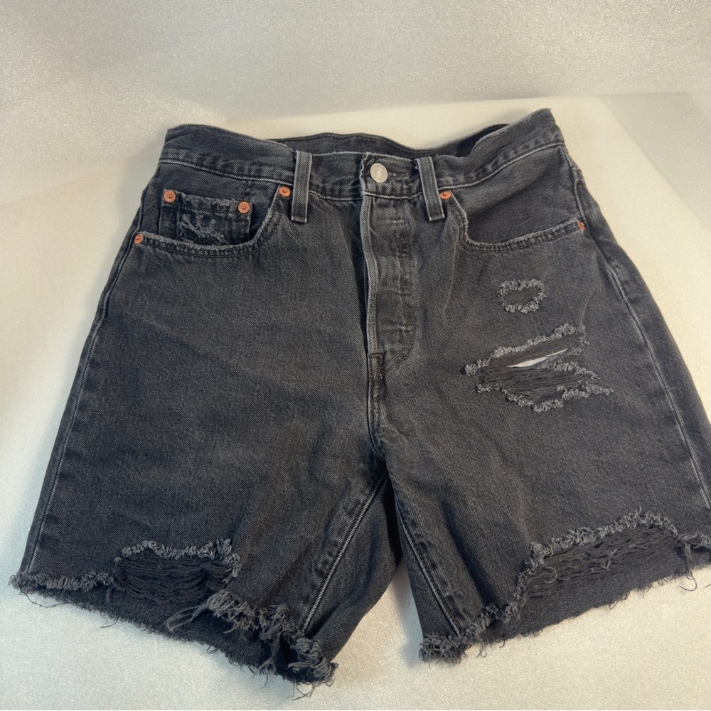Levi’s 501 Distressed Black Denim Shorts High Rise Cutoff - Size 27